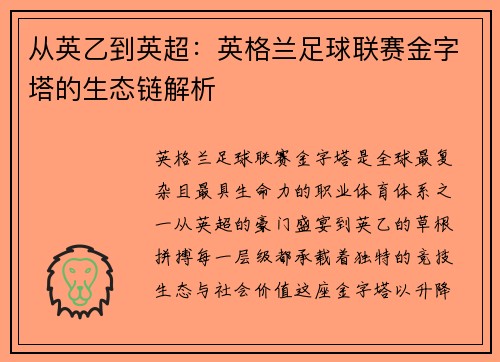 从英乙到英超：英格兰足球联赛金字塔的生态链解析