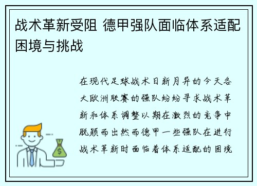 战术革新受阻 德甲强队面临体系适配困境与挑战